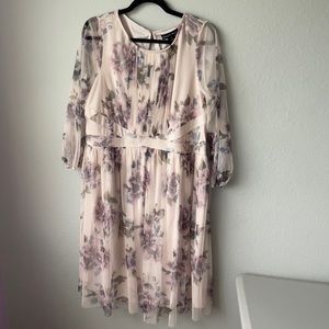 Candalite Floral Print Long Sleeve Mesh Knee Midi Dress 1X Plus